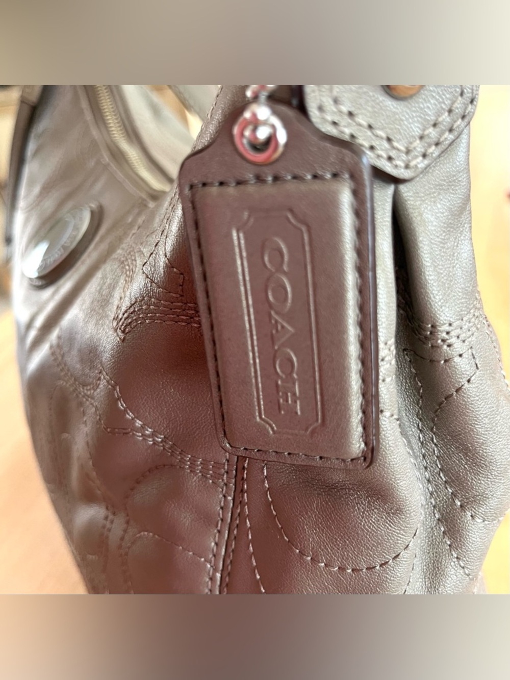 Coach Signature Taupy Metallic Leather Hobo Bag - Picture 6 of 11